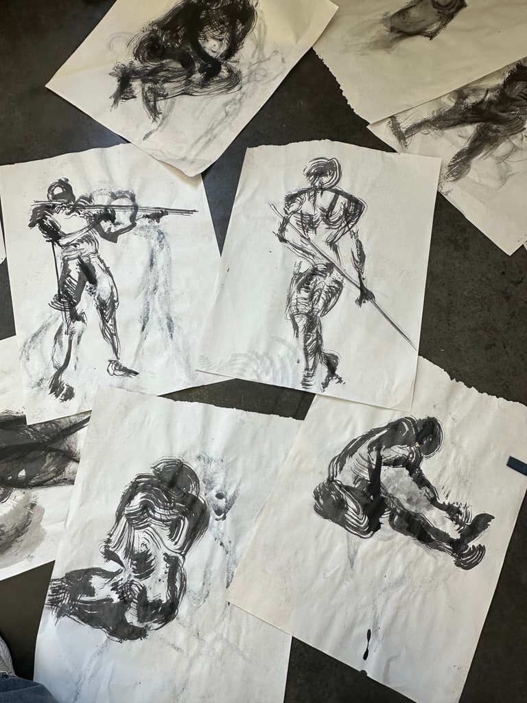 Live model gestures, 1-3 minutes each. Ink. 18x24 inches