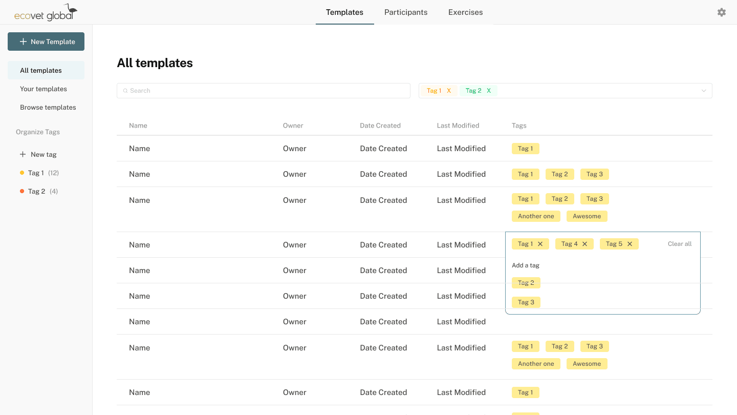 Exercise template catalogue