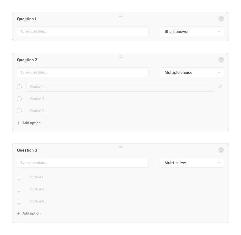 Question type editor showing short answer and multiple choice