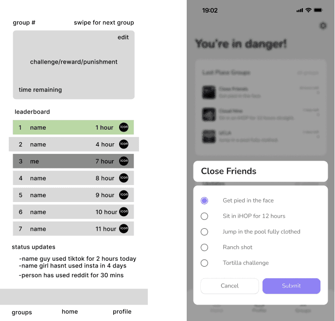 Wireframe and final screen for choosing group consequences