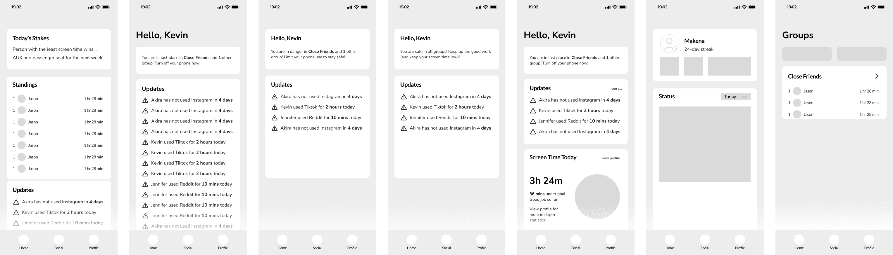 Lo-fi screens refining the home layout