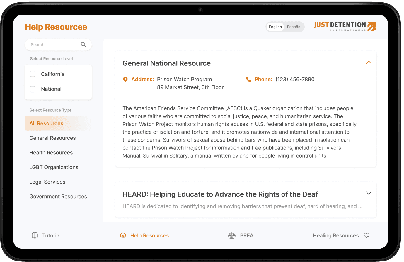 JDI Help Resources screen
