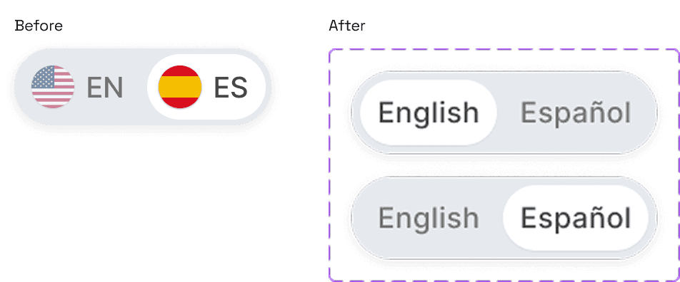 Language toggle before flag icons and after English / Español labels