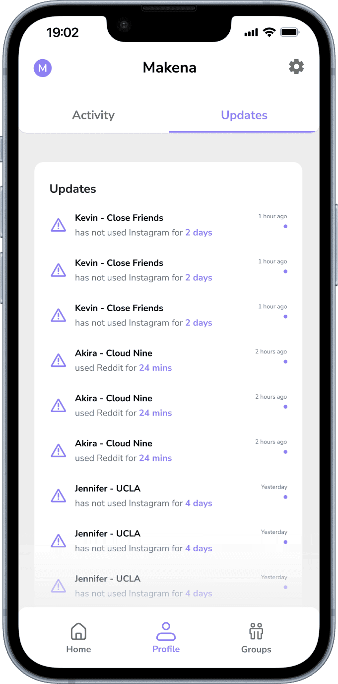 DownTime updates from friends across groups